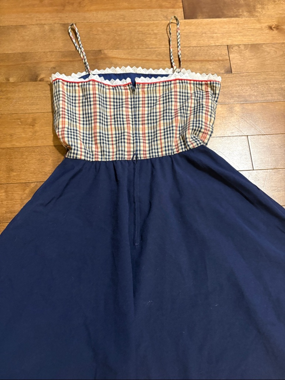 Vintage Navy Blue Sundress with Plaid Bodice with Pockets! - Picture 7 of 7